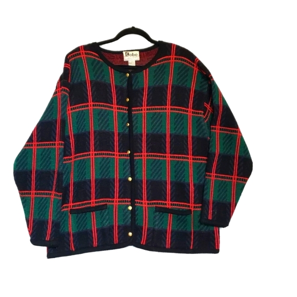 Vintage Crystal Kobe Sweater Plus 1X Green Tartan Plaid Gold Buttons Acrylic 80s - Picture 1 of 10